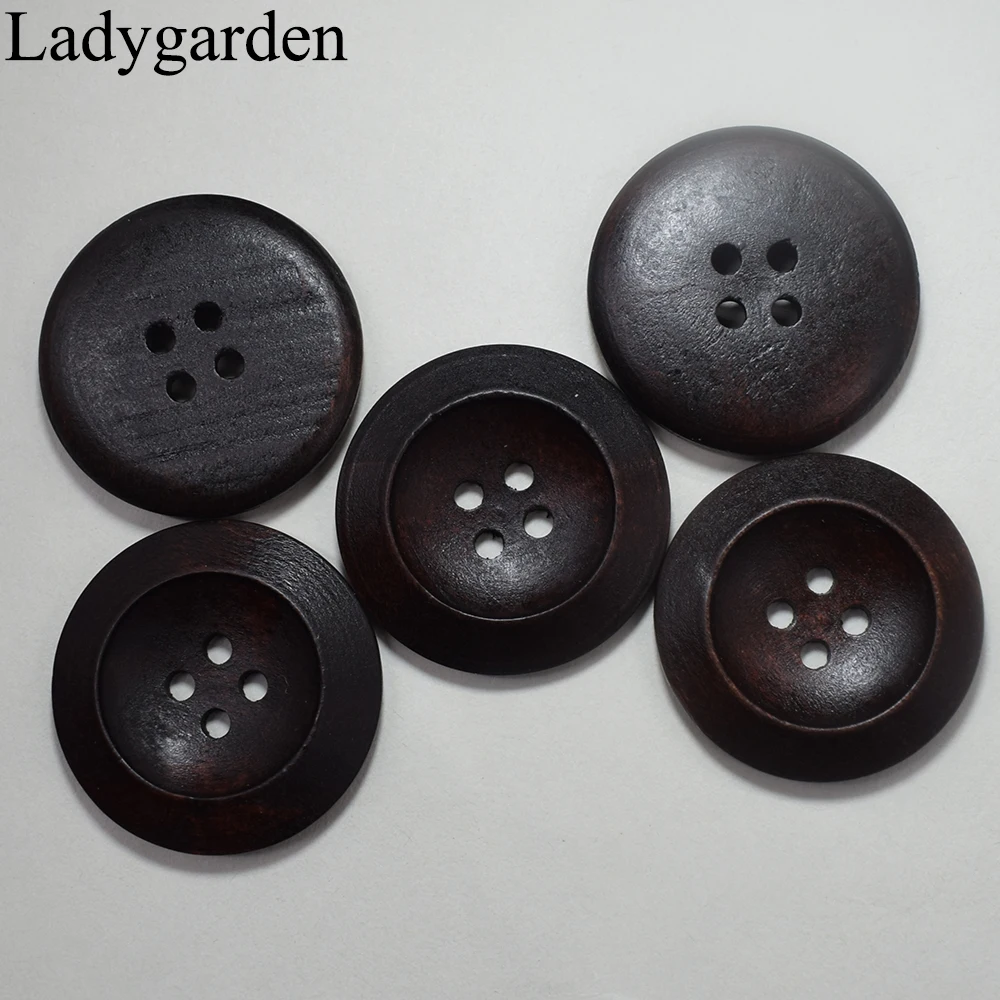 2 Large Round Dark Brown Wood Giant Wide Bevelled Buttons 4 Holes 5cm 2/"