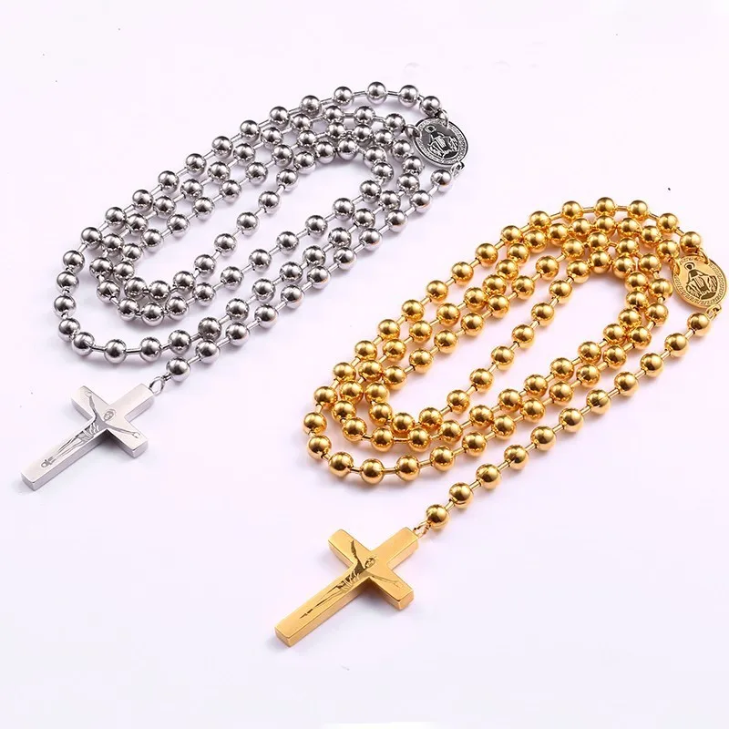 RIR причастие Четки длинное католическое ожерелье с распятием нержавеющая сталь 6 мм молитвенные бусы Религиозные ювелирные изделия