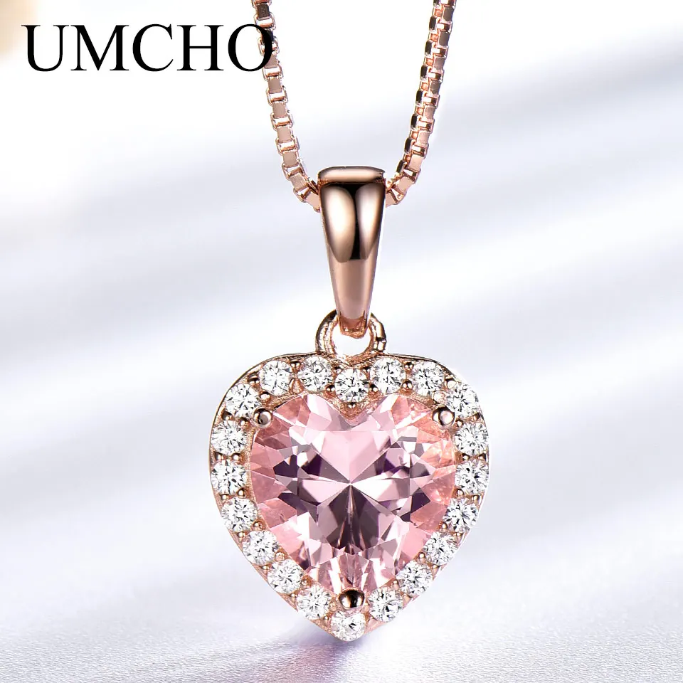 UMCHO Solid 925 Sterling srebrne wisiorki naszyjniki dla kobiet Rose Pink Morganite Charm serce wisiorek dla dziewczyny prezent Fine Jewelry