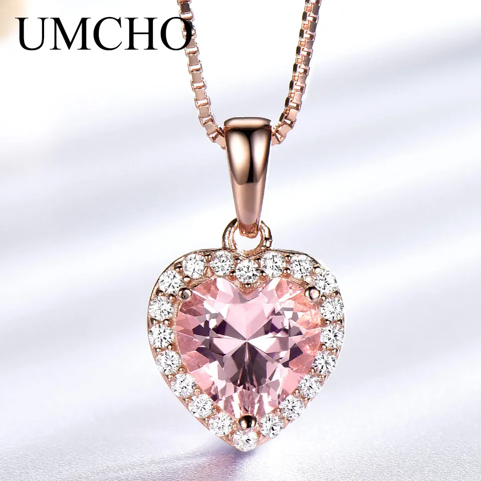 Tanie UMCHO Solid 925 Sterling srebrne wisiorki naszyjniki dla kobiet Rose Pink Morganite Charm serce wisiorek dla dziewczyny prezent Fine Jewelry