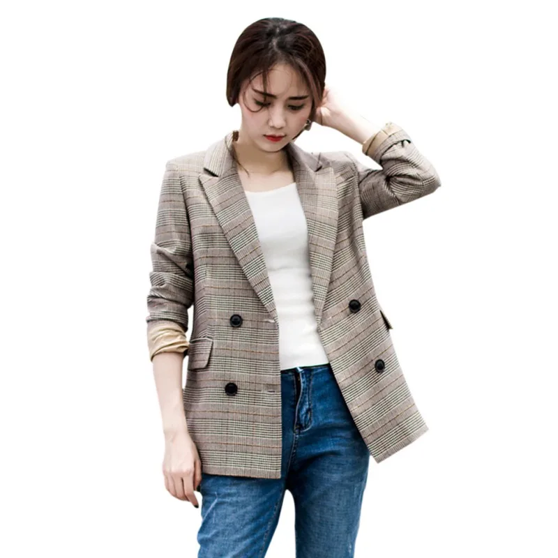 

2019 Blazer Woman Plaid Print Full Sleeve Office Lady Notched Button Casual Women Blazers Button Decor