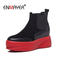 ENMAYER Women Ankle boots Round toe Short Boots Autumn Winter High heels Cow Suede Shoes women Wedges Elastic band Patch CR1425 fedonas high quality women cow suede ankle boots rhinestone wedding party shoes woman wedges high heels short martin shoes woman