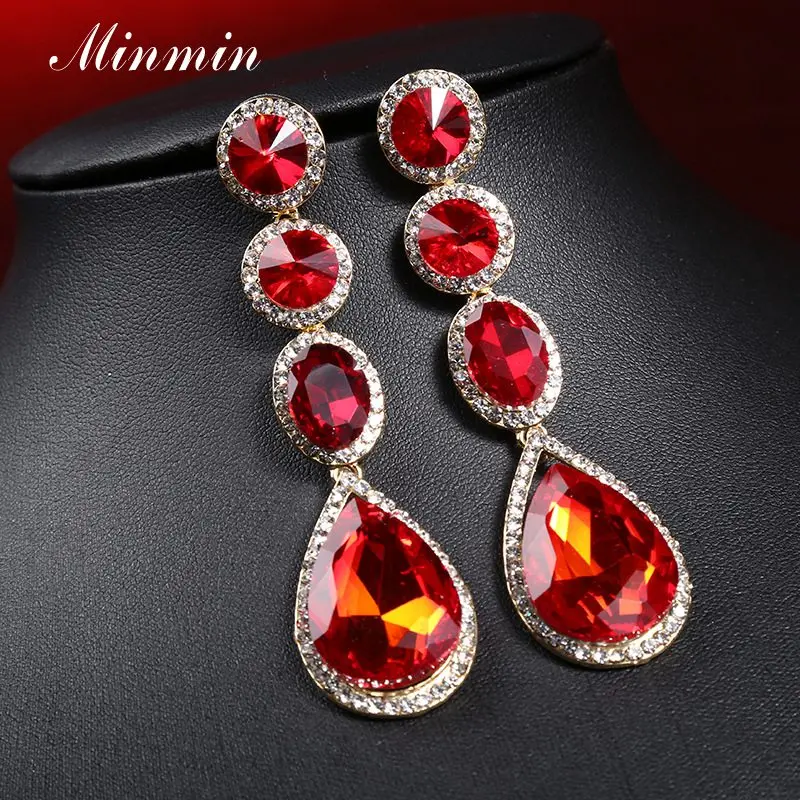 Minmin блестящие каплевидные длинные висячие серьги с кристаллами модные ювелирные изделия роскошные классические геометрические Свадебные висячие серьги MEH1581 - Окраска металла: Red
