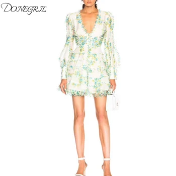 

2019 European and American Tide brand women's dress Stylish and elegant Slim long sleeve deep V-neck sexy mini dress