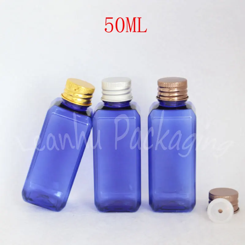 

50ML Blue Square Plastic Bottle Aluminum Cap , 50CC Shampoo / Lotion Sub-bottling , Empty Cosmetic Container ( 50 PC/Lot )