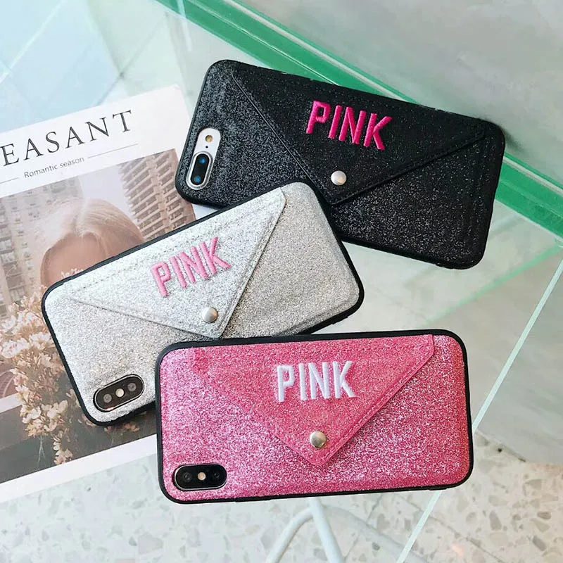 

Fashion PINK Glitter Embroidery Leather Phone Case For iphone 8plus Hot Pink Case for iPhone 7 6 6s Plus X Phone Case Coque Capa