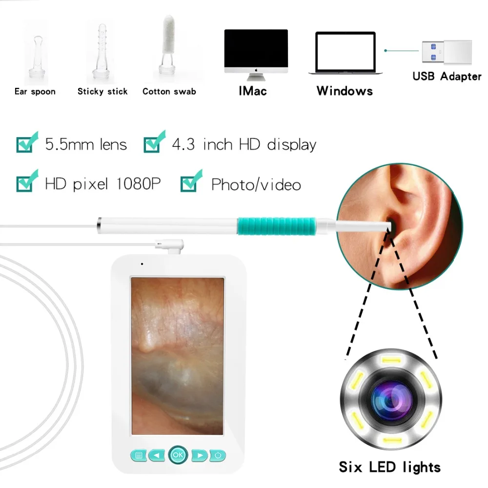 Otoscopio Endoscopio HD 1080P con Display da 4,3 Pollici con Visivo Telecamera di Ispezione con 6 LED per Pulizia DellOrecchio Plug And Play Otoscopio Endoscopio HD 1080P con Display da 4,3 Pollici con Visivo Telecamera di Ispezione con 6 LED per Pulizia DellOrecchio Plug And Play