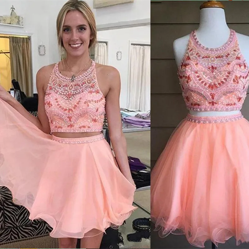 

Charming Two Pieces Set Short Chiffon Prom Gown Beading Cocktail Dresses for Wedding Party Custom Made