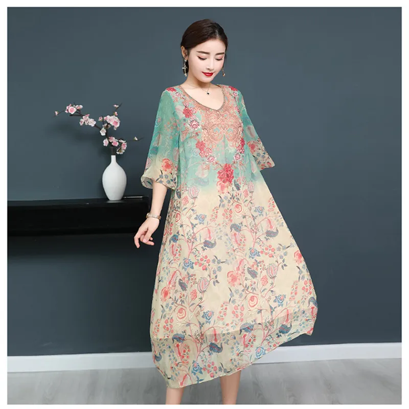 

summer new fashion women Luxury Robe beading dress Retro O neck Loose Dress High quality silk chiffon dress plus size M-5XL