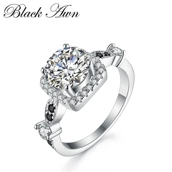 

[BLACK AWN] Wedding Rings for Women 100% Genuine 925 Sterling Silver Ring Jewelry Square Black&White Stone Ring C191