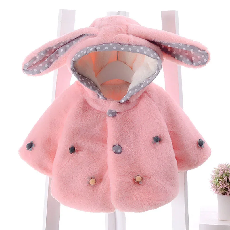 

Warm Faux Fur Fleece Coat Children Jacket Rabbit Ear Hooded Outerwear Baby Girls Cute Princess Christmas Gift New Year Clothes