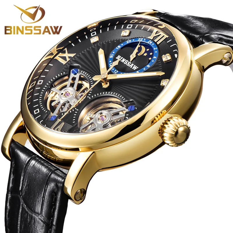 BINSSAW Mens Automatic Mechanical Steel Tourbillon Luxury Brand Watch Fashion Business Leather Sports Watches Relogio Masculino