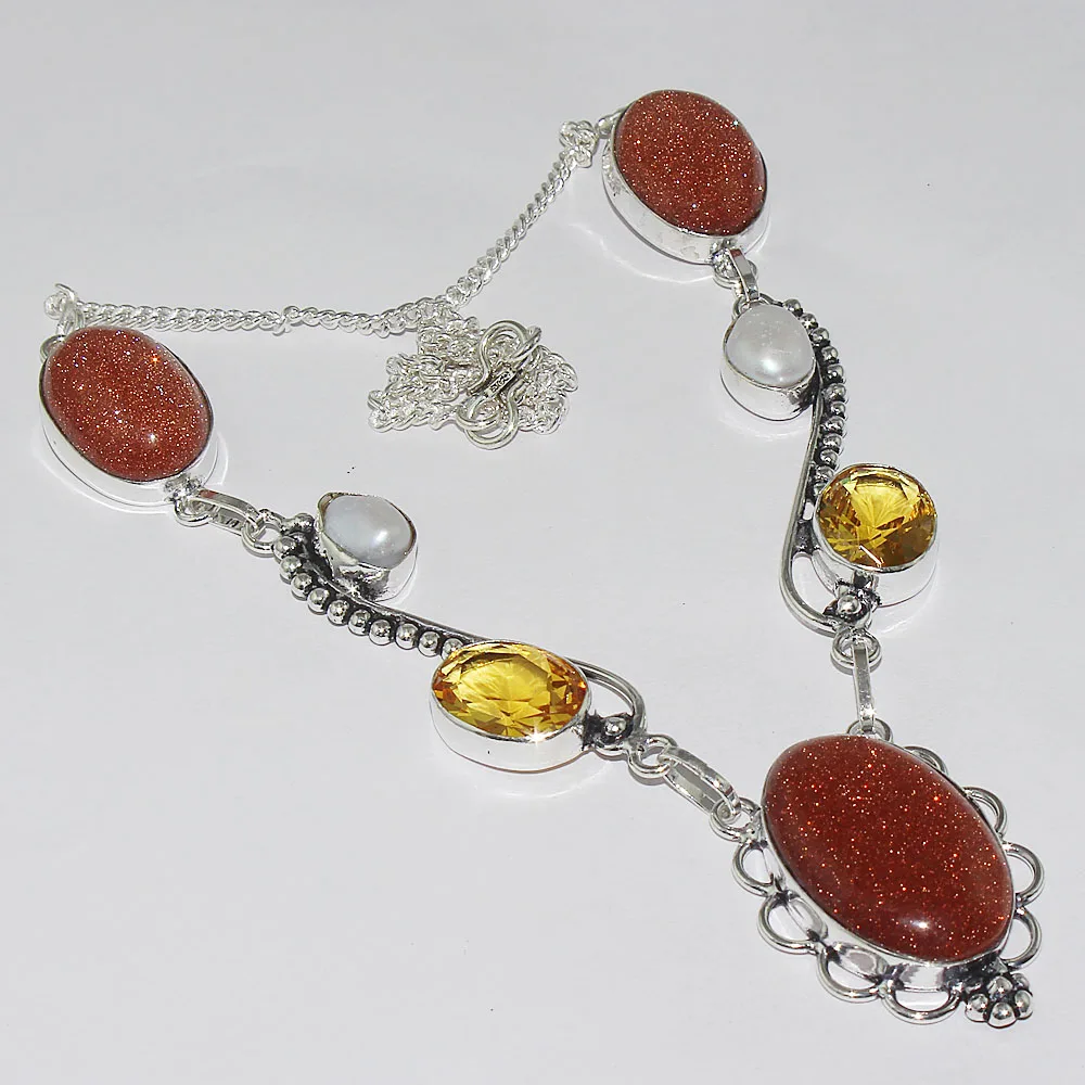 

Sun Stone & Citrines & Pearls Necklace Silver Overlay over Copper , 51cm, N1063