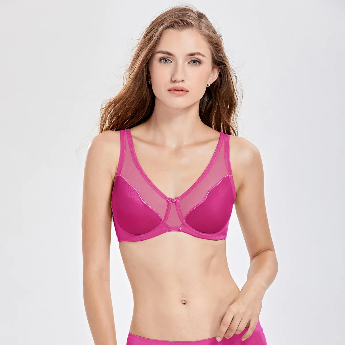 Women's Full Coverage V-neck Non Padded Underwire Minimizer Bra Plus Size - Цвет: Fuchsia10