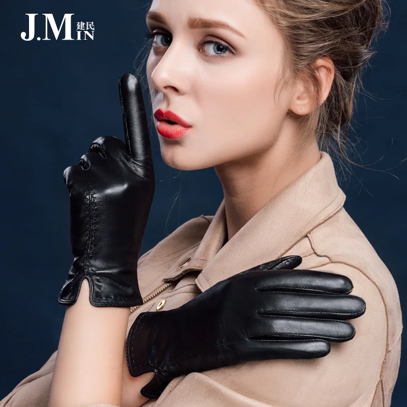 BOOUNI Genuine Leather Women Gloves Autumn Winter Plus Velvet Fashion Elegant Lady Sheepskin Glove For Driving Five Finger NW631