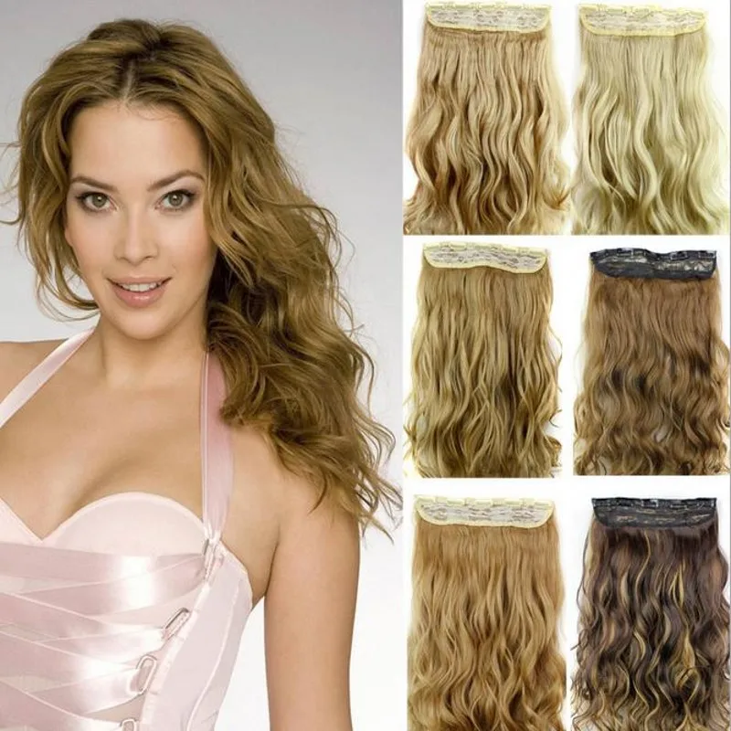 Long wavy 5 clips in extension,black/brown/blond synthetic hair extensions,kanekalon fiber hair perucas