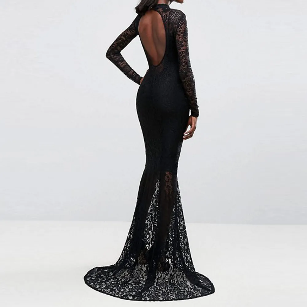 

In Fashion Long Sleeves Sheath Dress Burgundy Sequins Lace Evening Party Dress with Ruffle Edge Stand Sexy Slim Girl Gown