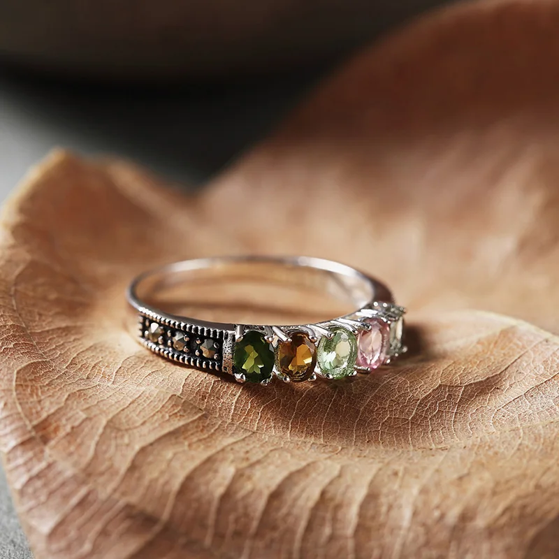Подлинное 925 Серебряное кольцо с натуральным турмалиновым красочным камнем, женские кольца, элегантные ювелирные украшения, бижутерия
