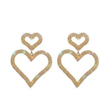 

1 Pair Rhinestone Long Love Female Statement Dangle Earrings Double Peach Heart Women Drop Earrings Pendientes Jewelry VL