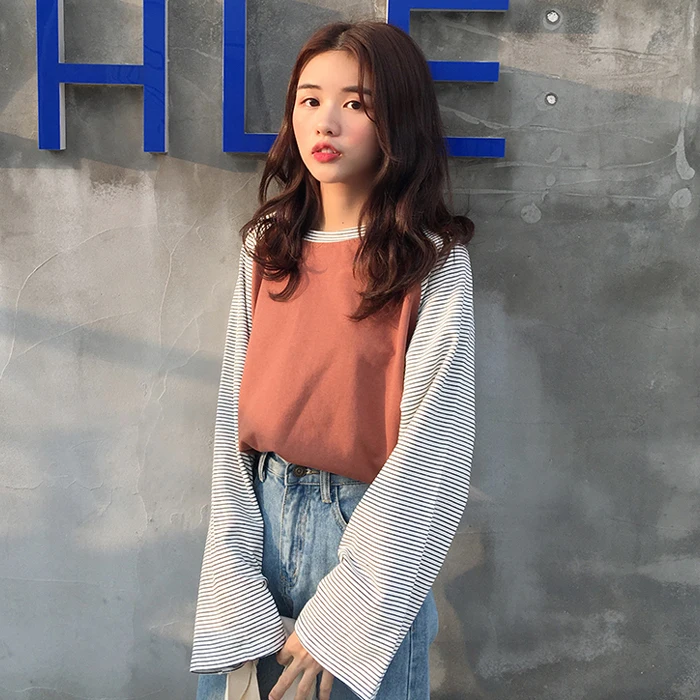 

YouGeMan Tee Shirt Women Spring Clothing Korean Ulzzang Harajuku Chic Striped Patchwork Long Sleeve T-shirt For Women Tshirt Top