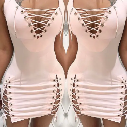 

Sexy Women V Neck Lace Up Dresses Pink Bandage Sleeveless Party Beach Dress Hip Packed Clubwear Mini Pencil Dress Plus Size