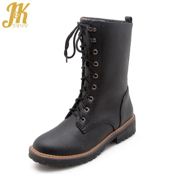 

JK Winter Thick Heels Women Military Boots Pu Ladies Shoes Round Toe Square Heels Footwear 2018 Casual Boot White Big Size 34-43