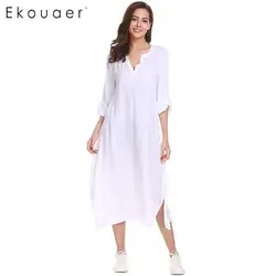 Ekouaer ночная рубашка с длинными рукавами пижамы Для женщин Notch Neck закатать рукава Разделение Ночное платье трусы Осень одежда для сна Женская