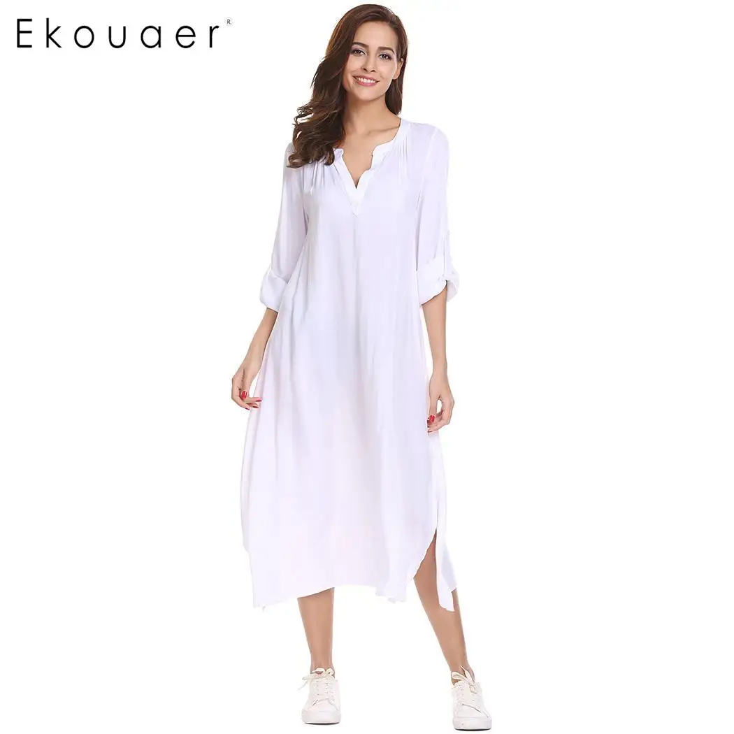 

Ekouaer Long Sleeve Nightgown Sleepwear Women Notch Neck Roll Up Sleeve Split Night Dress Sleepshirts Autumn Female Nightwear