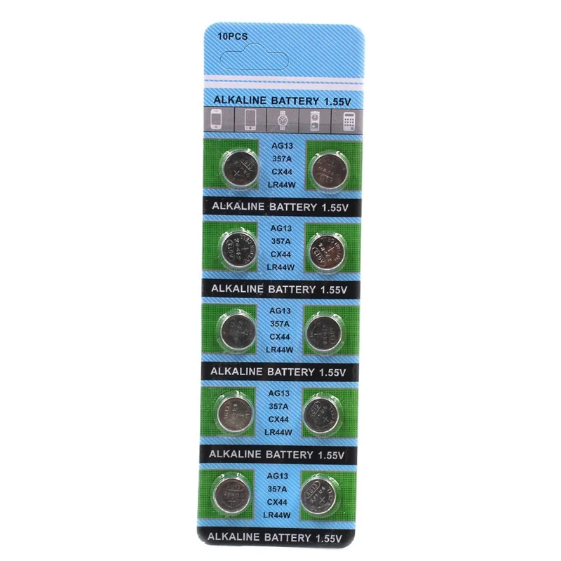 10pcs/card AG13 LR44 LR1154 SR44 A76 357A 303 357 LR44W Battery Coin Cell 1.55V Alkaline For Watches Toys Drop Shipping