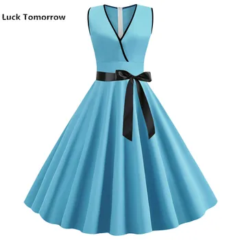 

Women 2019 Summer Blue Solid Vintage Dress Sexy Deep V Neck Sleeveless Party Sundress Elegant Casual Belt Beach Dress Plus Size