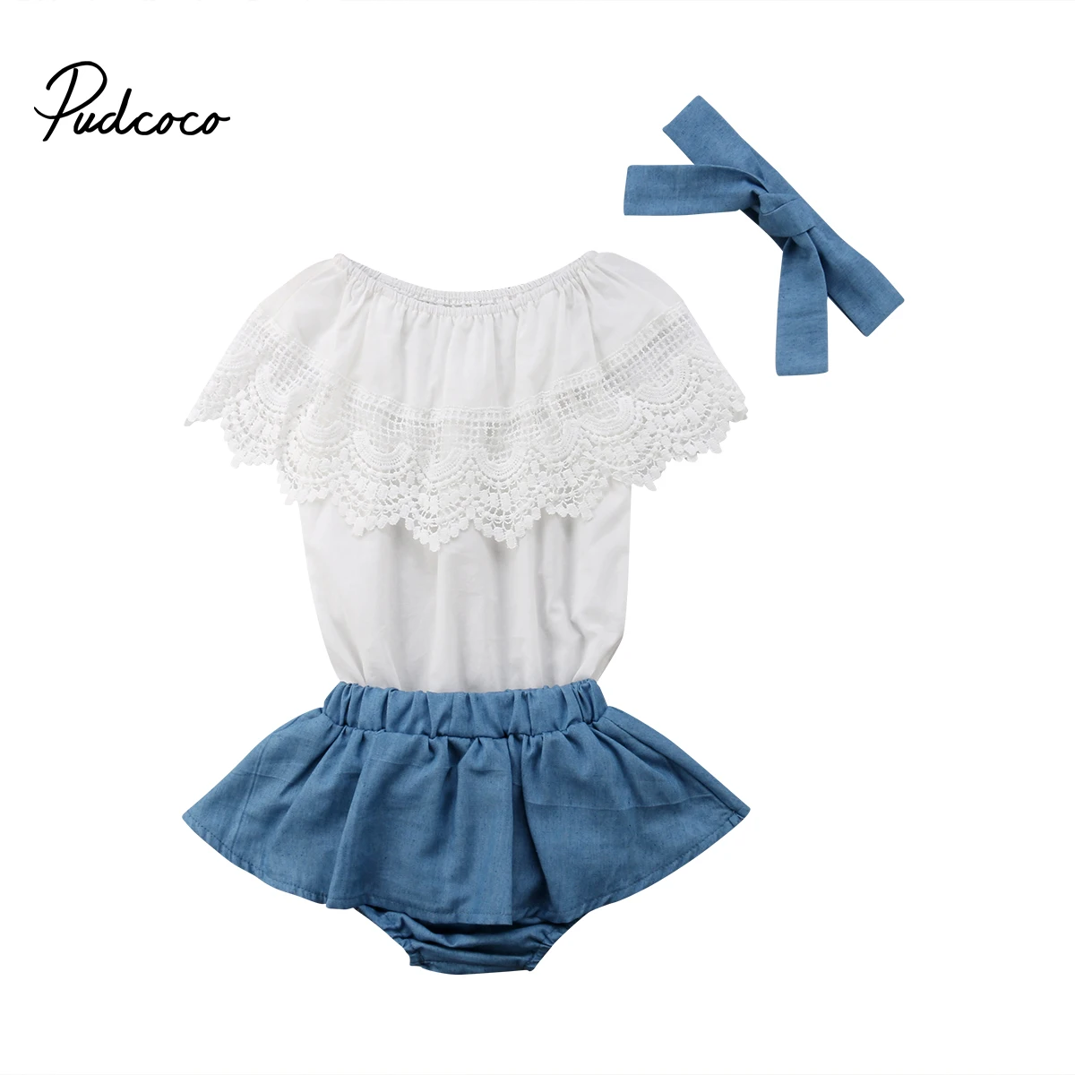 

3PCS Set Cute Newborn Baby Girl Sleeveless Lace T-shirt Tops White+Tutu Skirted Denim Shorts Bloomers Headband Summer Clothes