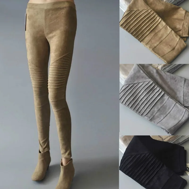 

Suede Fabric Locomotive Moto Biker Trousers Women Fashion Slim Push Up Warm Pleated Winter Pants Elasticity Skinny Leggings 2019