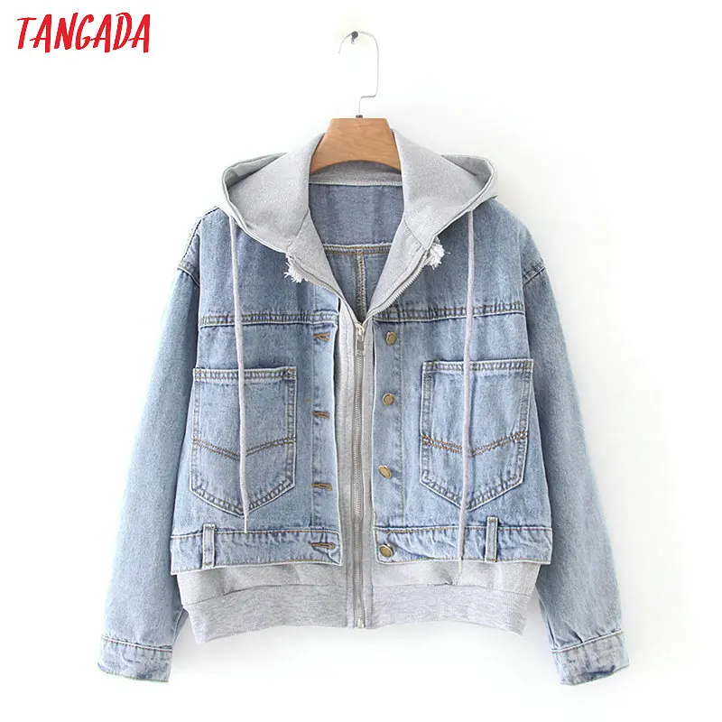 Tangada fashion women hooded oversized denim jacket casual style patchwork coat long sleeve pockets high street tops YD441