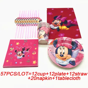 

Minnie Mouse party supplies plates cups banners napkins for kids Minnie Mouse cartoon birthday disposable tableware set 57PCS