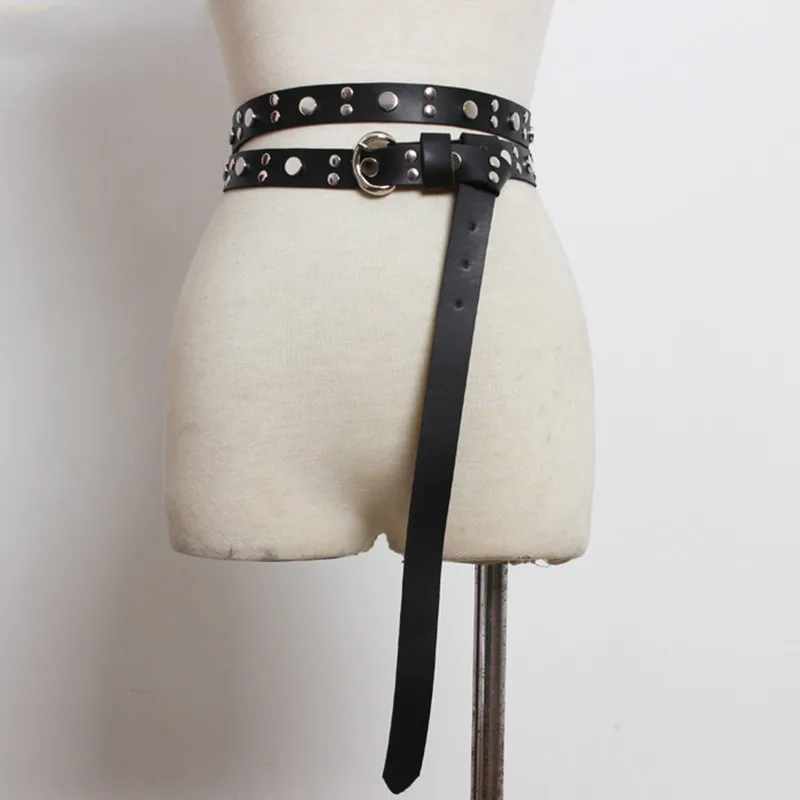 

[EWQ] New Summer autumn 2019 Fashion tide Personality rivets decorated double ring high quality PU leather belts women QD526