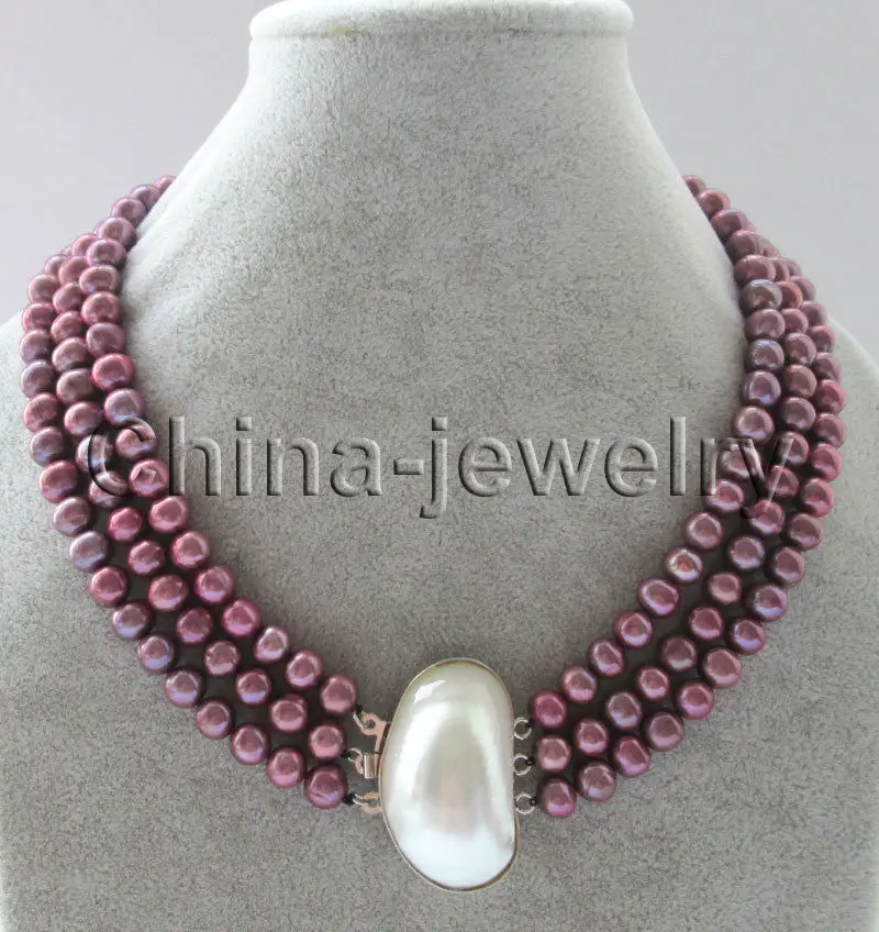 

Free Shipping >>17-19" 3row 8-9mm wine red round freshwater pearl necklace - white shell clasp