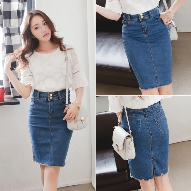 Korean Women Denim Skirts High Waist Slit Midi Blue Jeans Skirtin Skirts from Women's Clothing