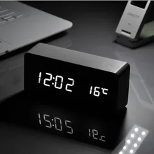 Белый светодиодный Будильник с деревянной доской+ термометр температуры цифровые часы Голосовая активация, батарея/USB подарок маленькие электронные часы