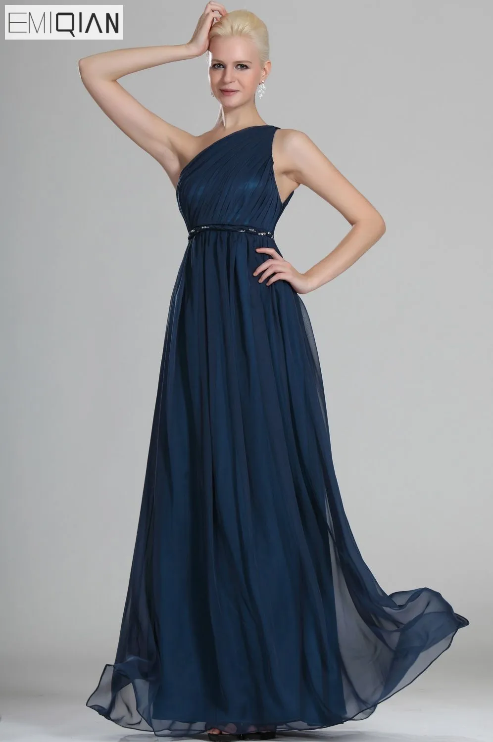 Великолепное одно плечо ремень бюст с рюшами темно-синий шифон вечернее платье