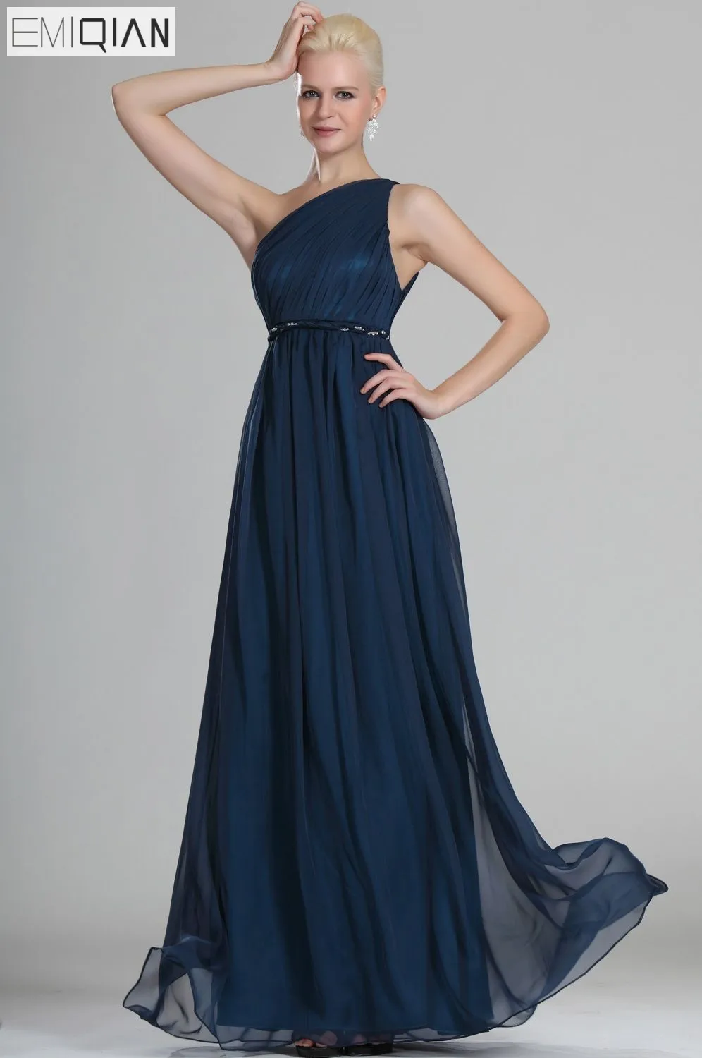 Free Shipping One Shoulder Strap Ruched Bust Navy Blue Chiffon
