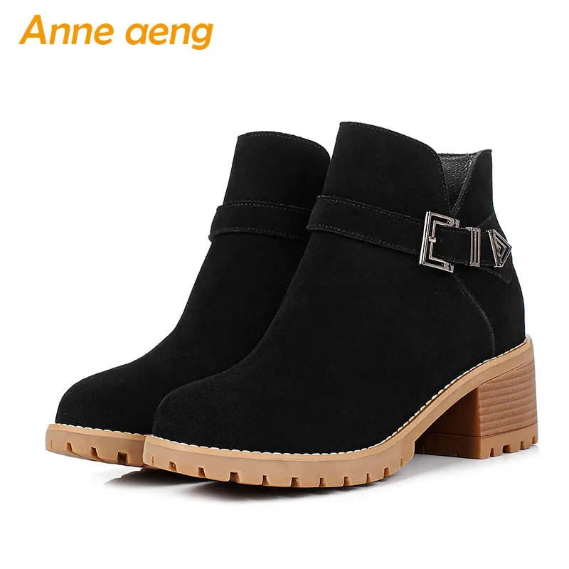

2019 New Winter Women Ankle Boots High Heel Round Toe Buckle Zipper Sexy Women Cow Suede Shoes Black Warm Short Martens Boots