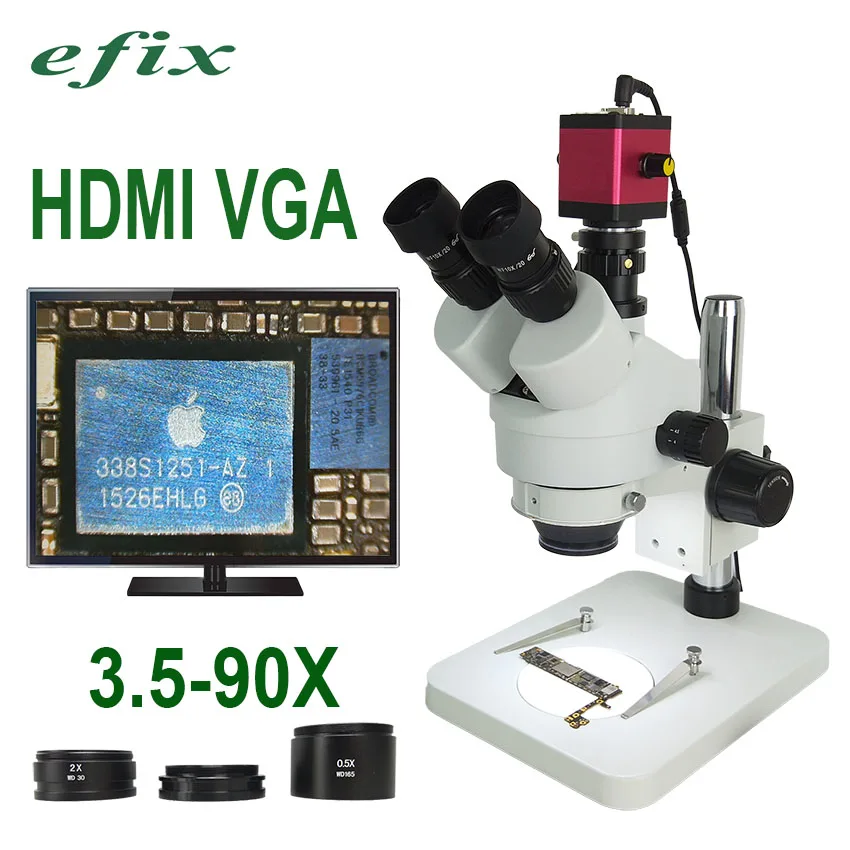 Efix 3 5 90X HDMI VGA Тринокулярный Стерео зум микроскоп подставка C Mount объектив Цифровая