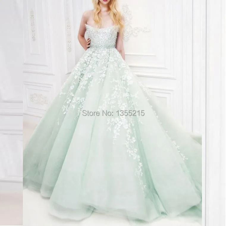 Mint Green Organza Wedding Dress 2016 Strapless Sleeveless Beaded