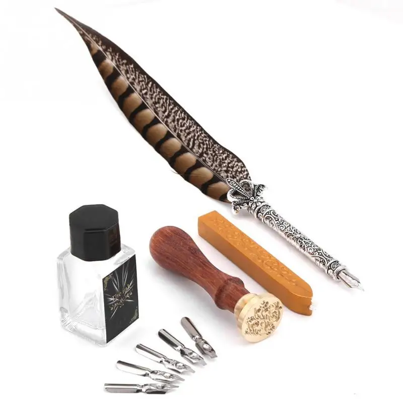 

Feather Metal Nibs Quill Dip Pen and Ink Set with Sealing Wax Seal Stationery Kit