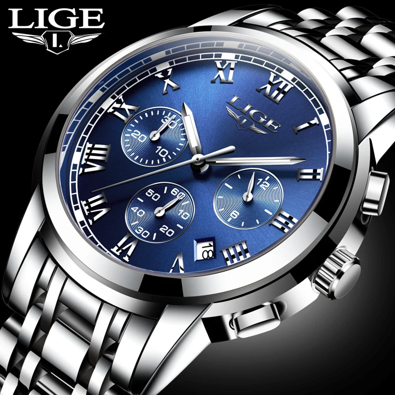 

LIGE Mens Watches Top Brand Luxury Sport Quartz Watch Men's Casual Full Steel Waterproof Business Wrist Watch Relogio Masculino
