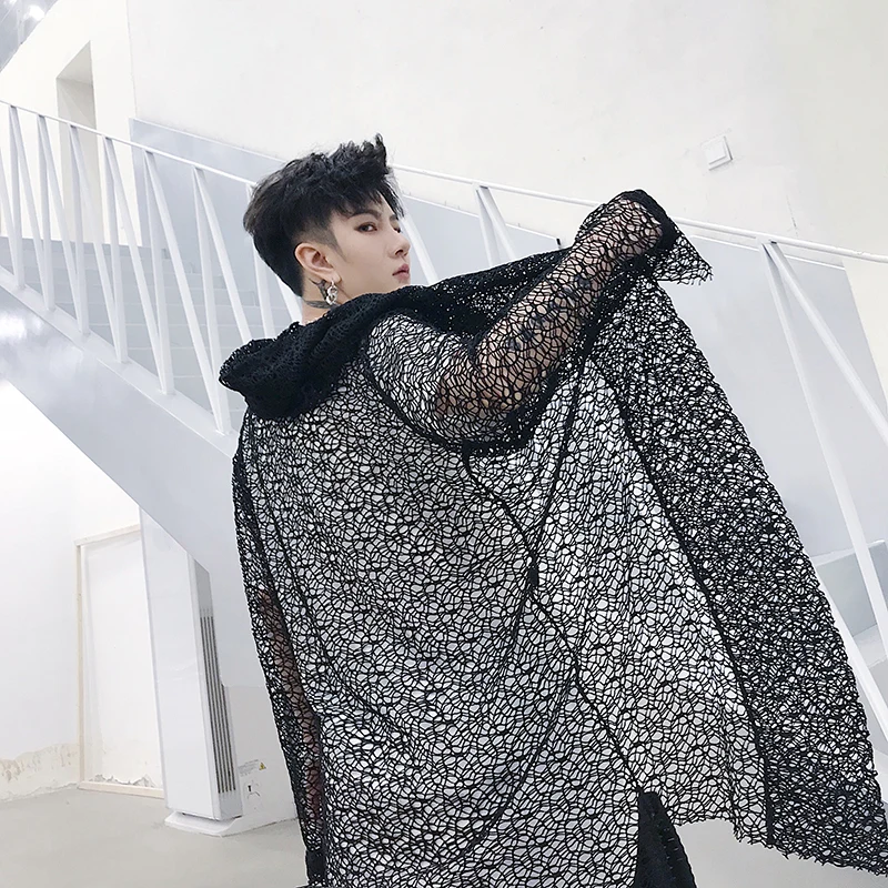 

Men Robe Summer Windbreaker Mesh Hollow Casual Hooded Trench Coat Male Streetwear Hip Hop Punk Gothic Long Cardigan Cloak Jacket