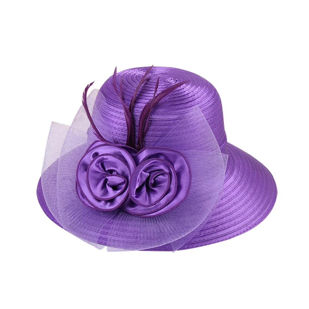 purple Новая популярная женская цветочная лента из органзы с широкими полями с перьями из хлопка, соломы, атласные Кентукки, Дерби, свадебная шляпа от солнца YAA99 - Цвет: purple