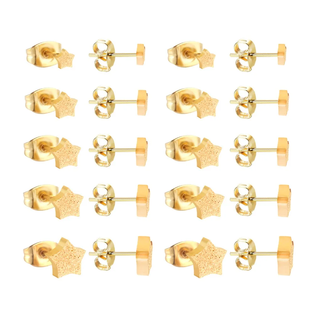 LUXUKISSKIDS 10Pairs/Lot 4 8MM Stainless Steel Stud Earrings Star Gold