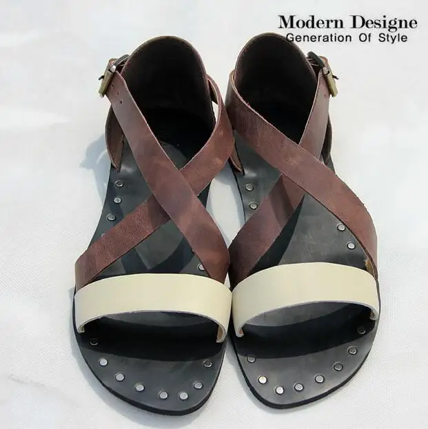 

Mens Genuine cow Leather sandals men's Roman shoes strap lace sandals summer leisure beach shoes male