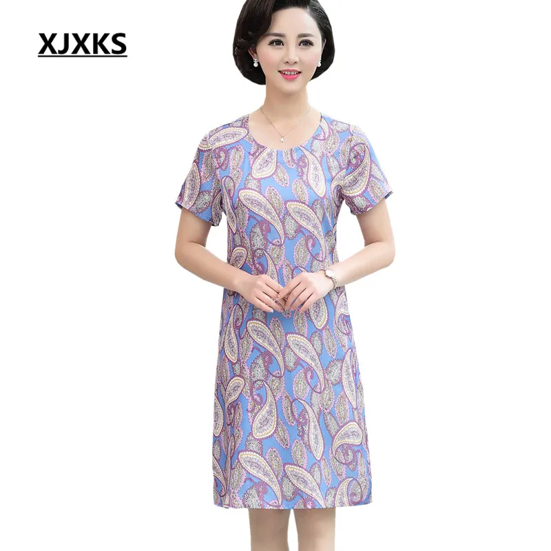 

XJXKS 2019 summer new women's silk dress loose plus size fashion printing casual round neck short-sleeved women's dress